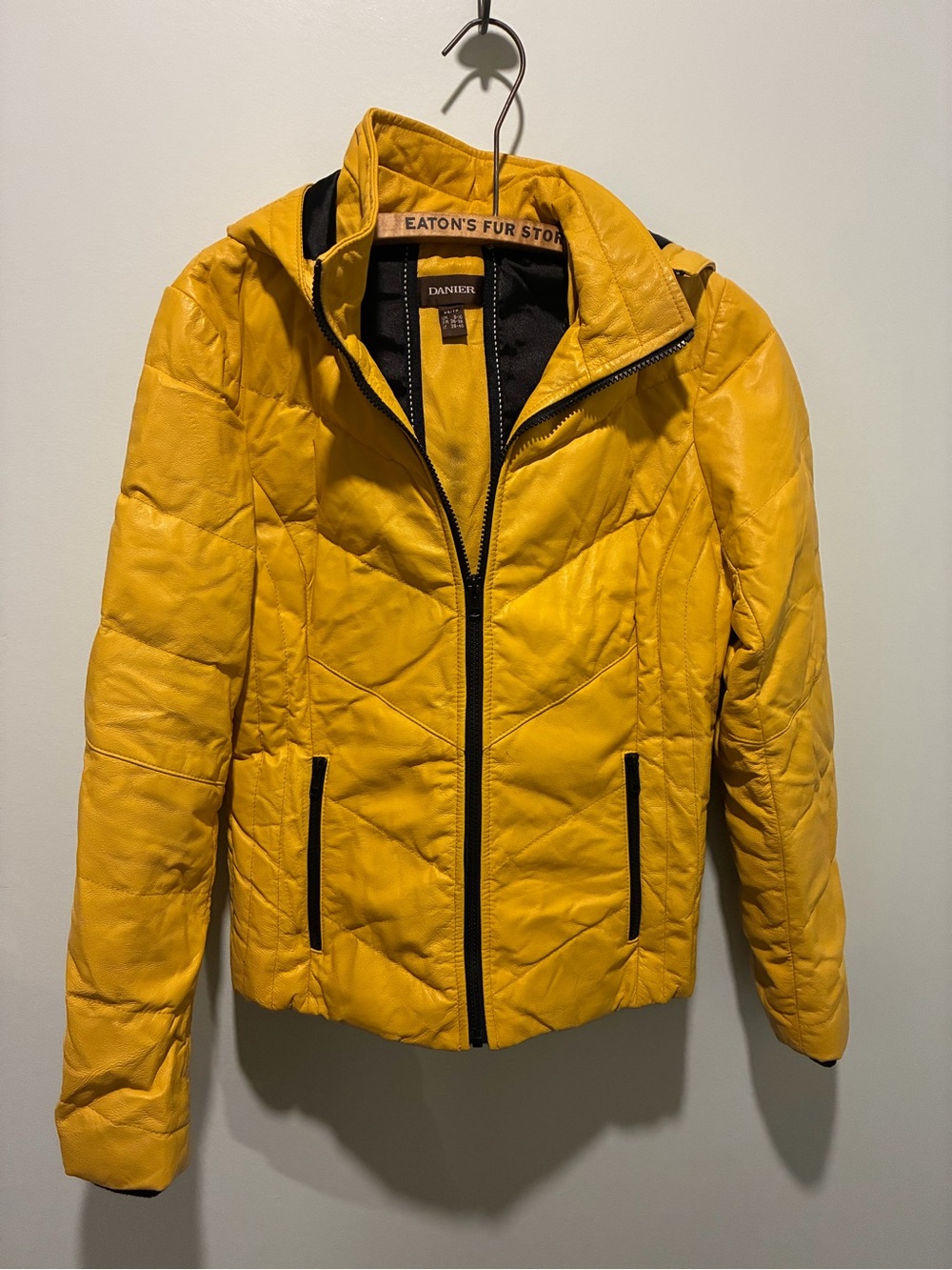 Danier Yellow Quilted Leather Down Puffer Jacket With Hood - Size XS